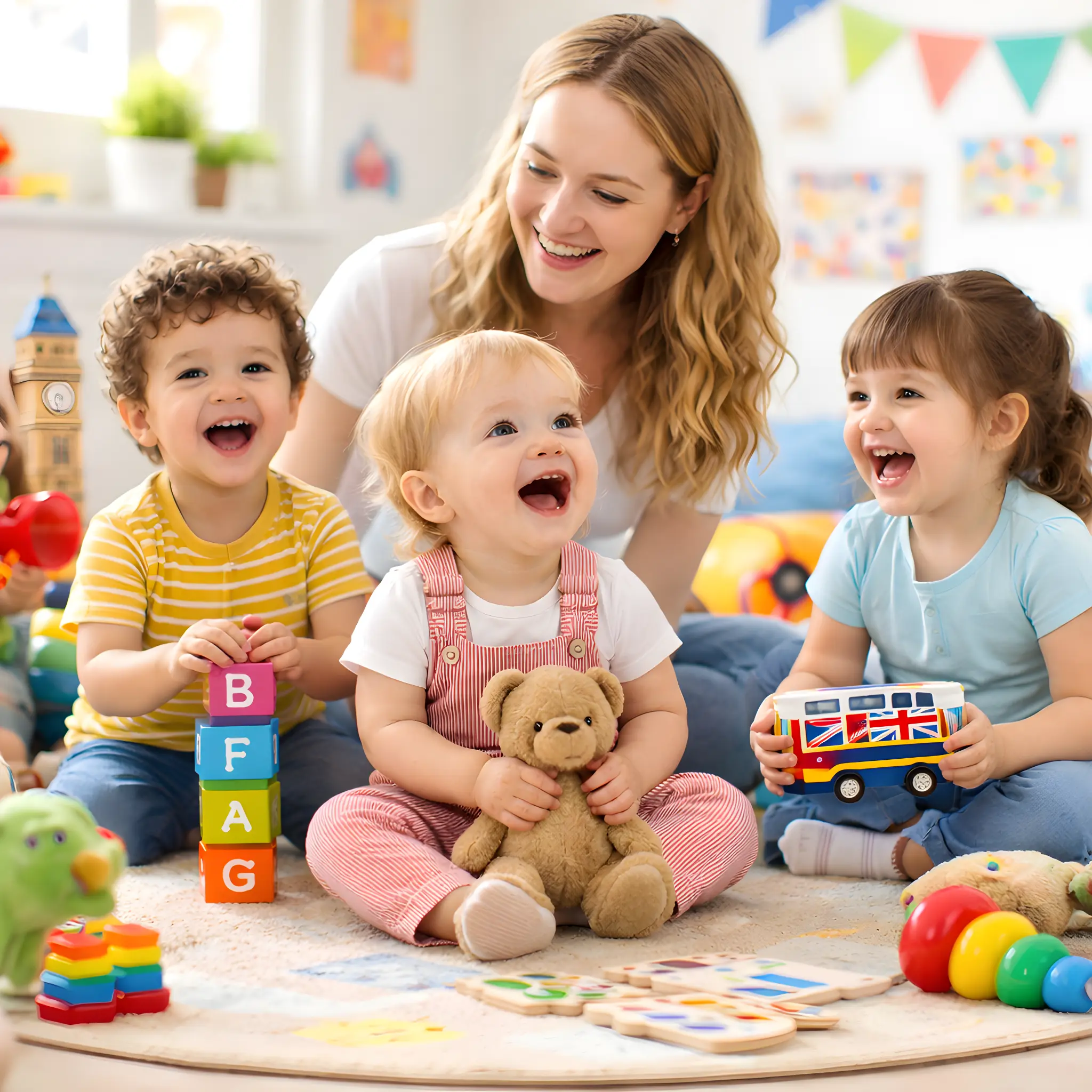 CLIL Babies 1 Niños jugando y riendo en guardería con juguetes.