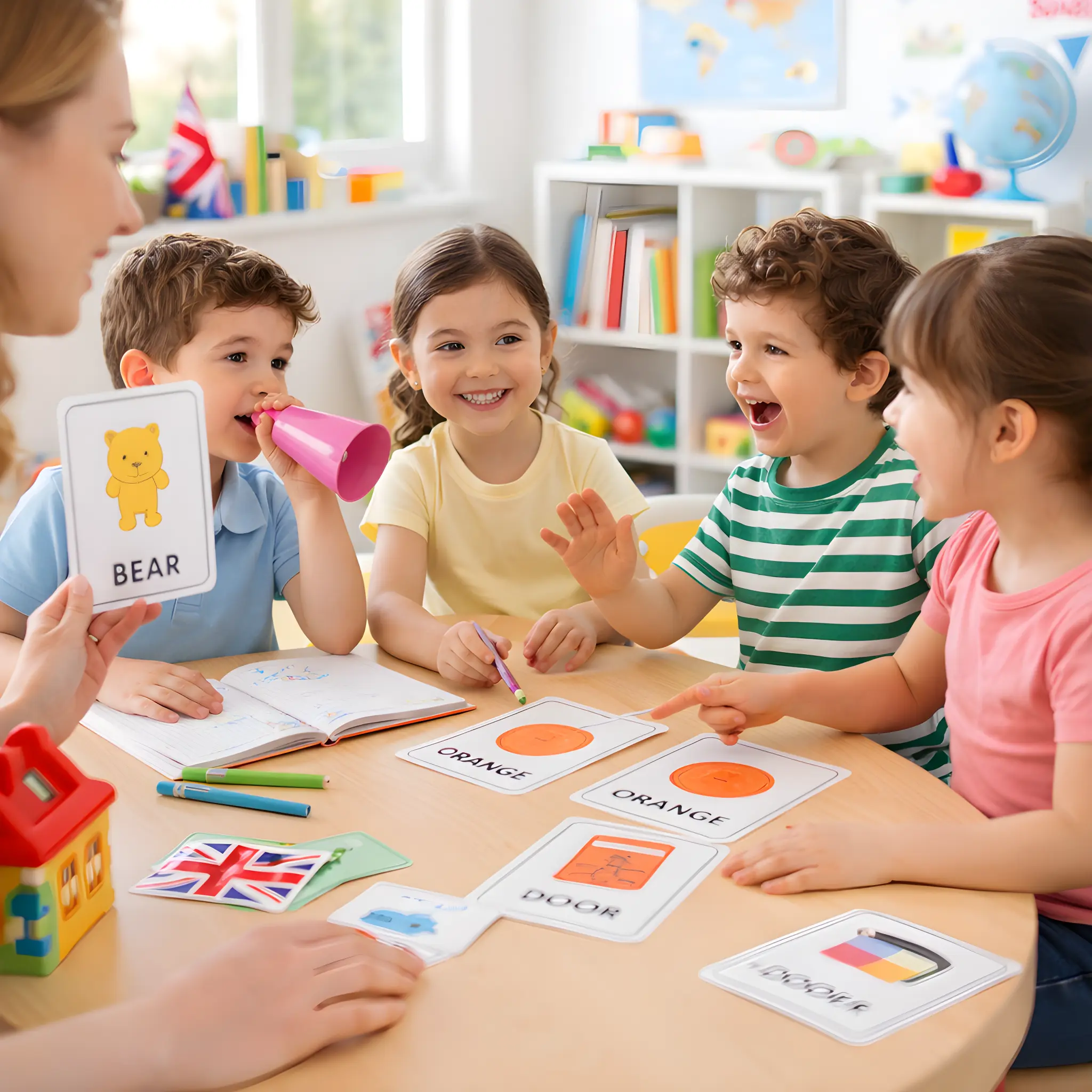 CLIL Juniors Niños aprendiendo inglés con tarjetas educativas.