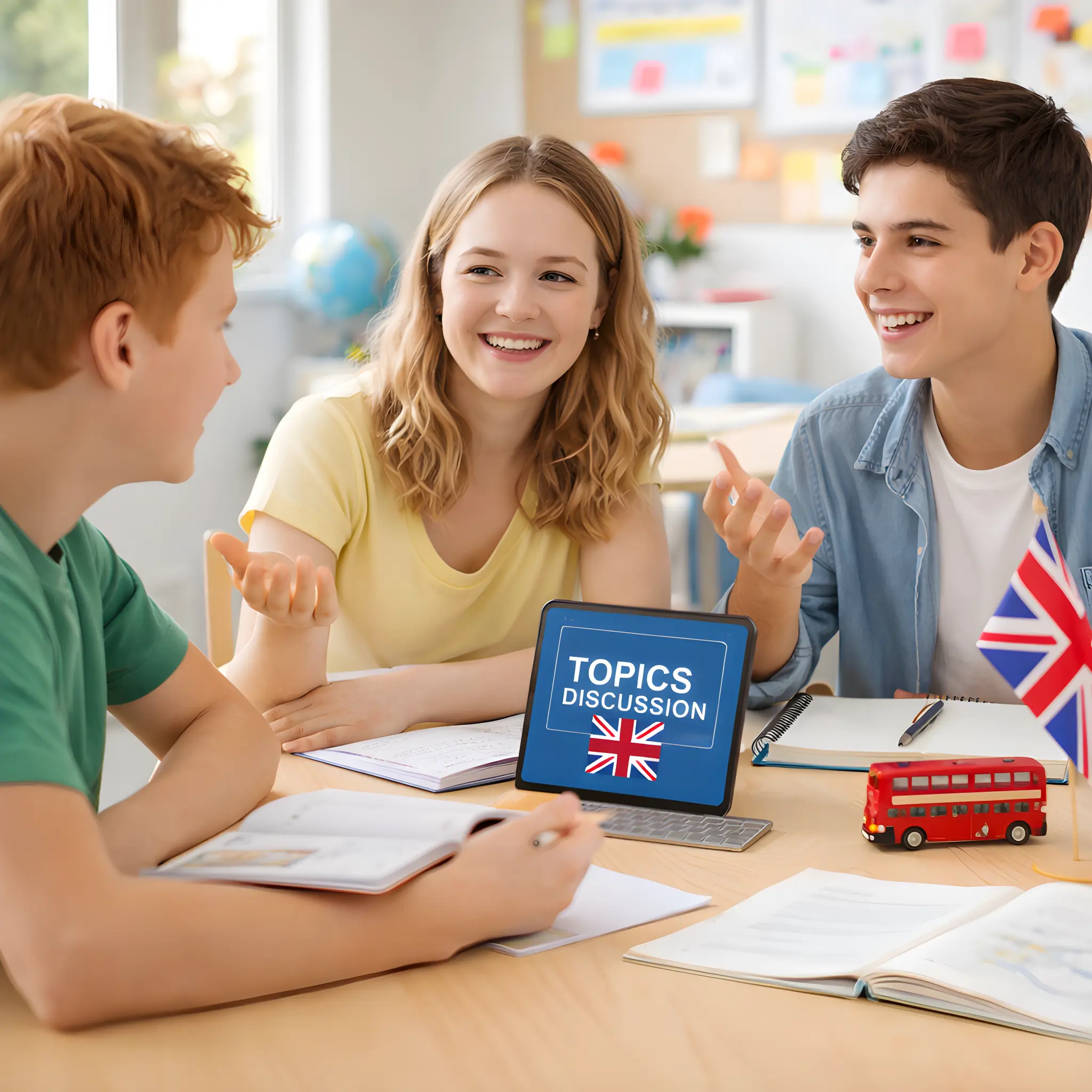 CLIL Masters Estudiantes discuten temas en inglés con bandera británica.